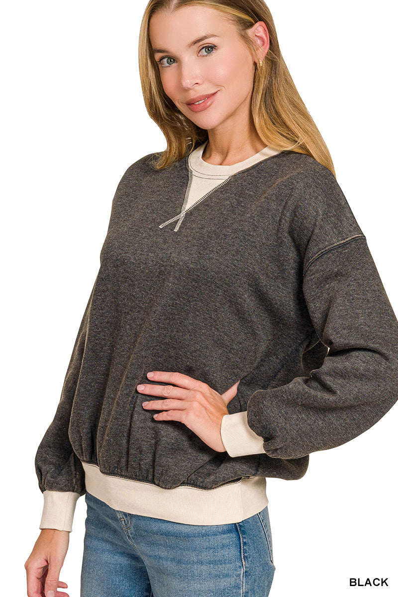 FLEECE ACID WASHED CREW NECK LONG SLEEVE SWEATSHIRTS