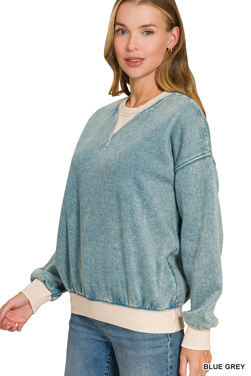 FLEECE ACID WASHED CREW NECK LONG SLEEVE SWEATSHIRTS