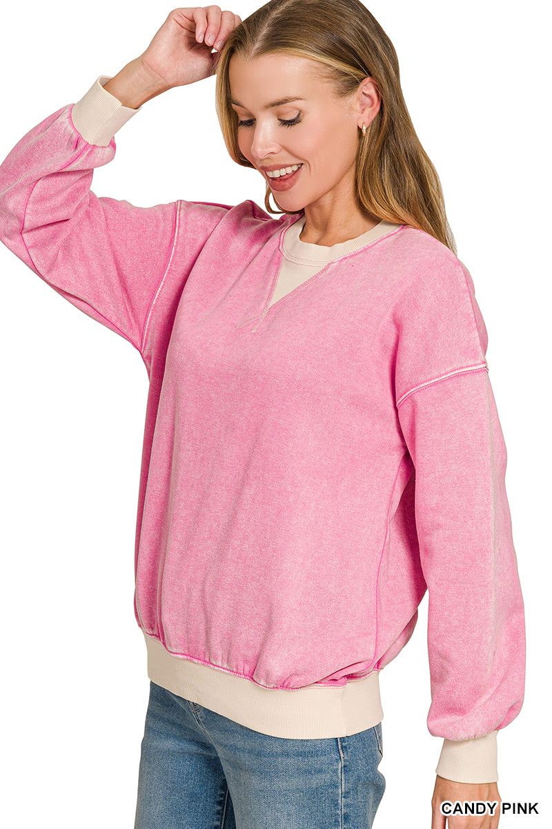 FLEECE ACID WASHED CREW NECK LONG SLEEVE SWEATSHIRTS
