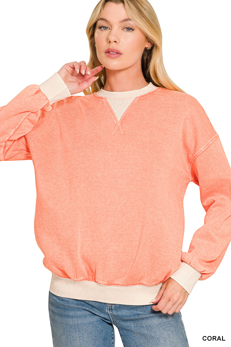 FLEECE ACID WASHED CREW NECK LONG SLEEVE SWEATSHIRTS