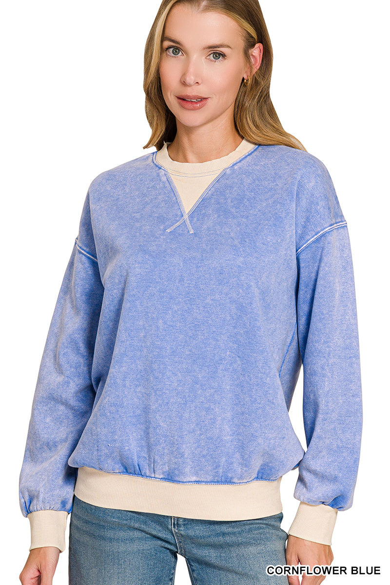 FLEECE ACID WASHED CREW NECK LONG SLEEVE SWEATSHIRTS