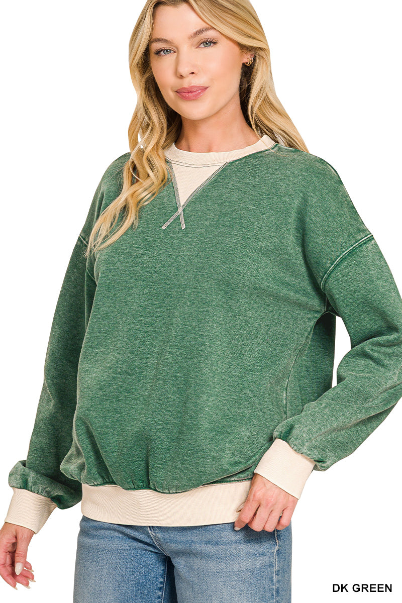 FLEECE ACID WASHED CREW NECK LONG SLEEVE SWEATSHIRTS