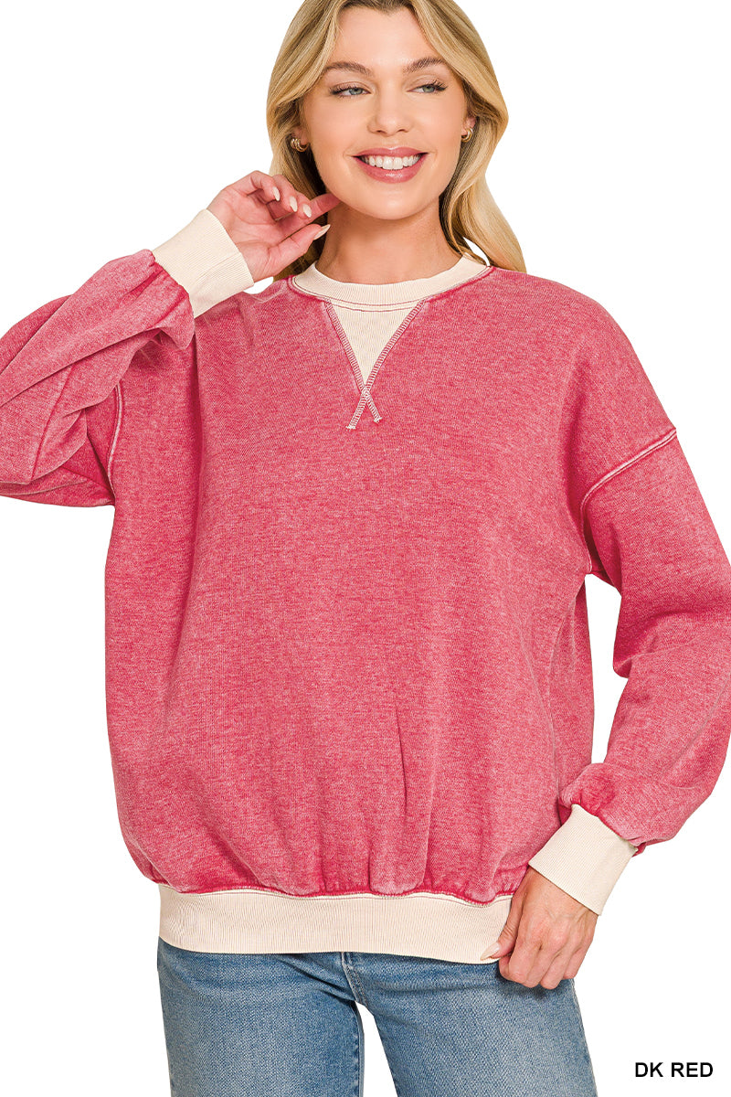 FLEECE ACID WASHED CREW NECK LONG SLEEVE SWEATSHIRTS