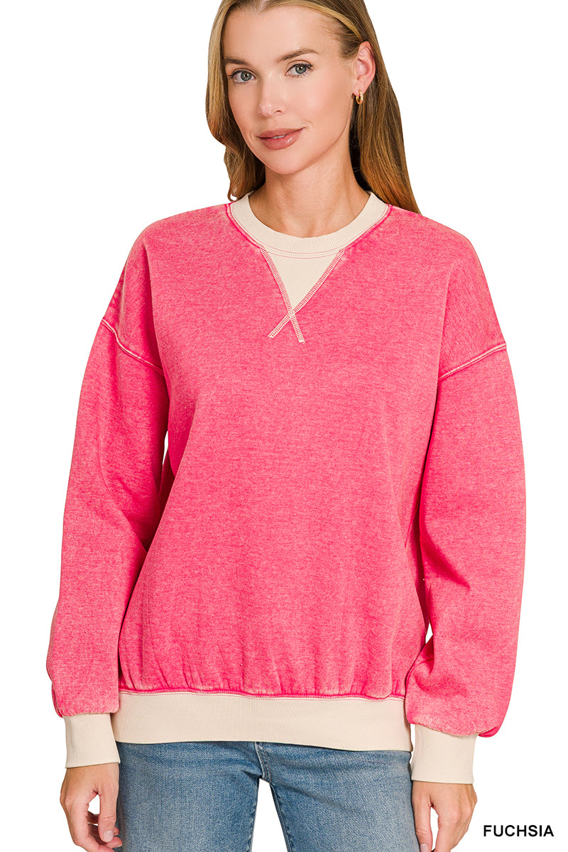 FLEECE ACID WASHED CREW NECK LONG SLEEVE SWEATSHIRTS