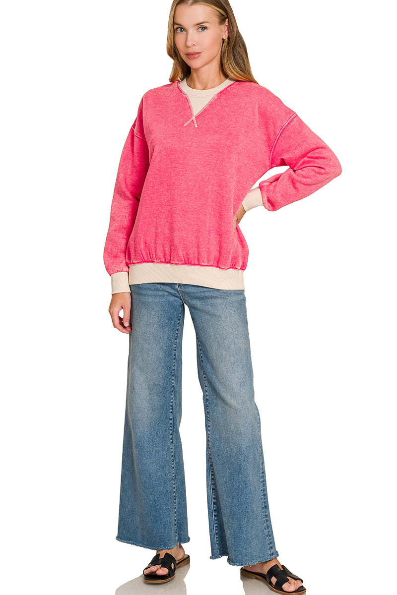 FLEECE ACID WASHED CREW NECK LONG SLEEVE SWEATSHIRTS