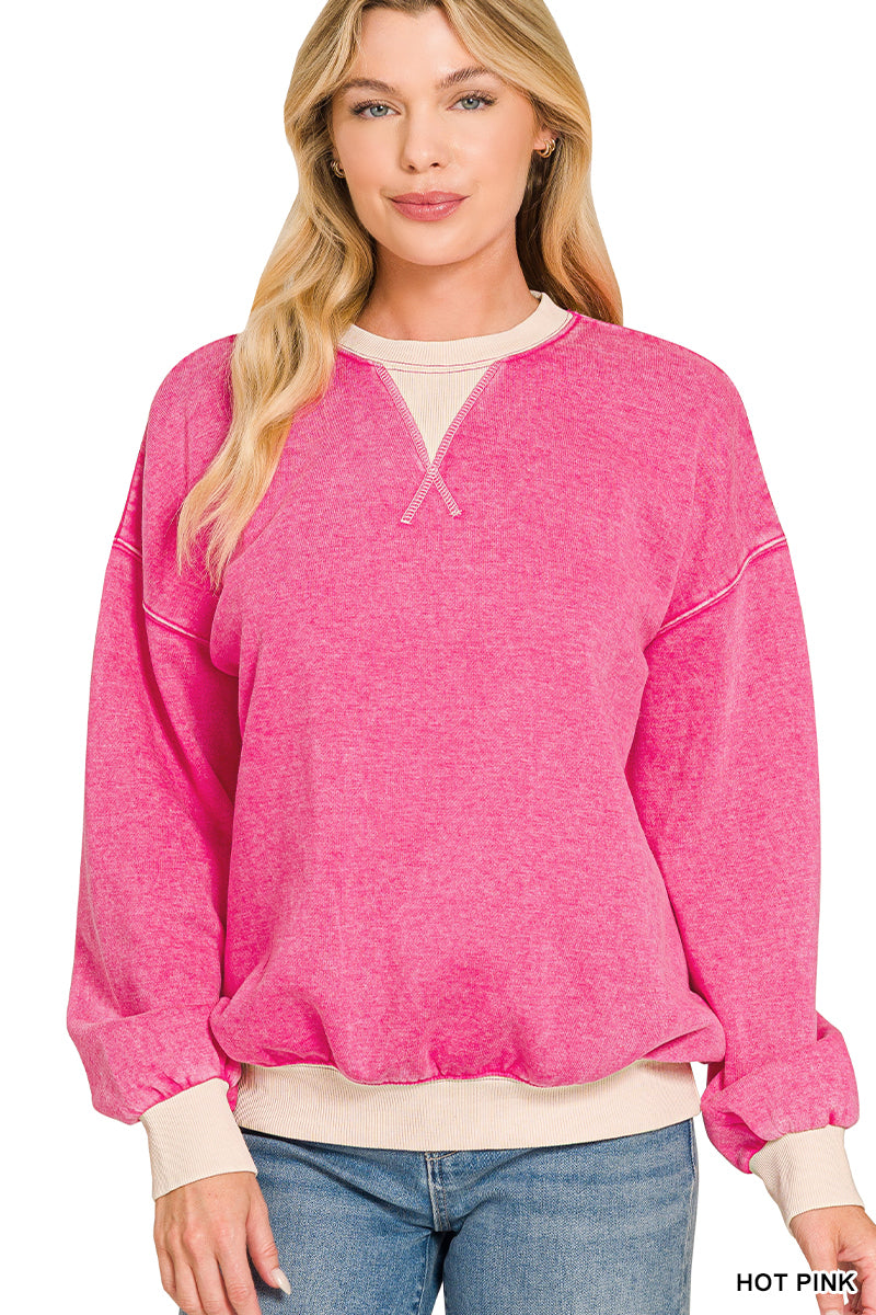 FLEECE ACID WASHED CREW NECK LONG SLEEVE SWEATSHIRTS