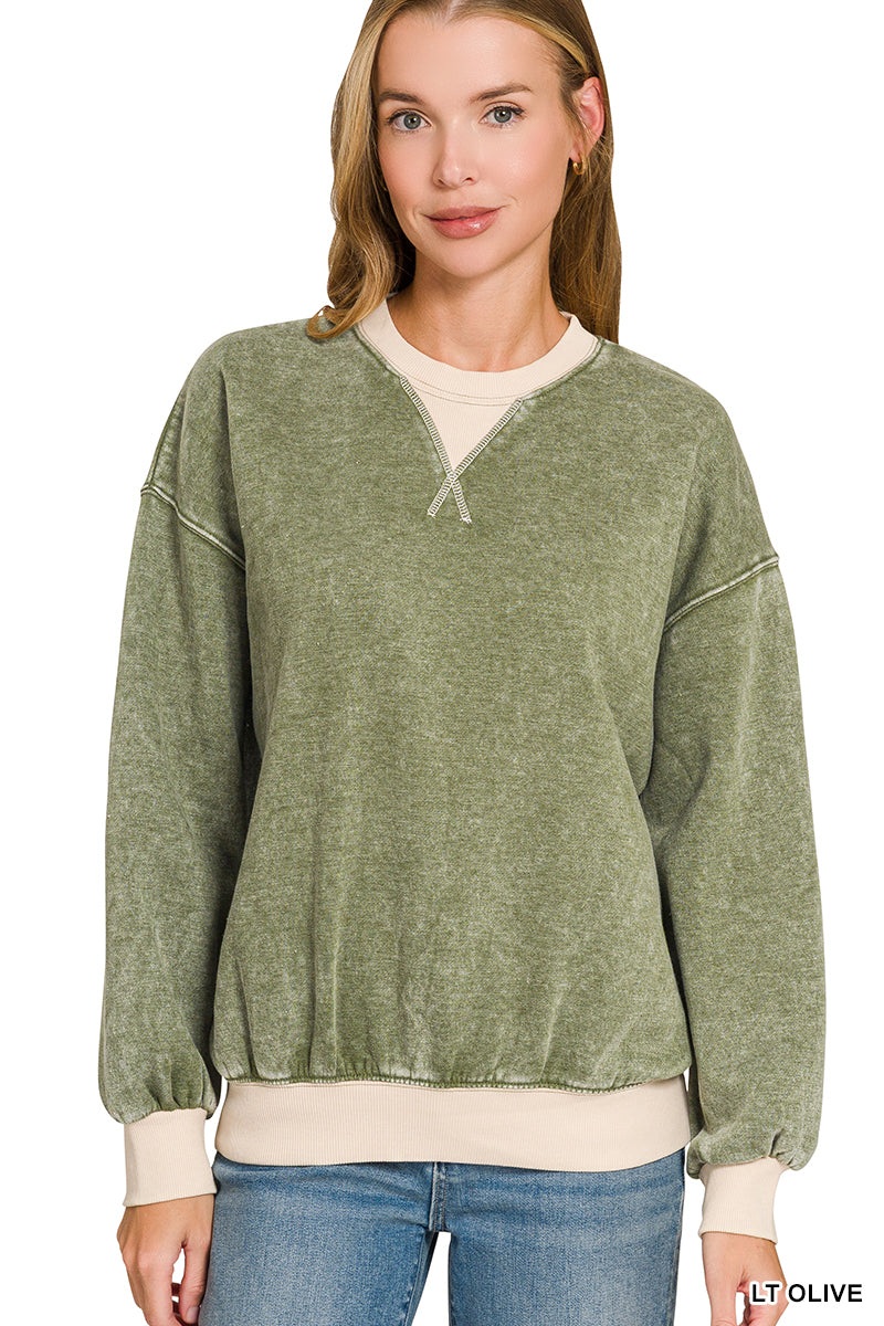 FLEECE ACID WASHED CREW NECK LONG SLEEVE SWEATSHIRTS