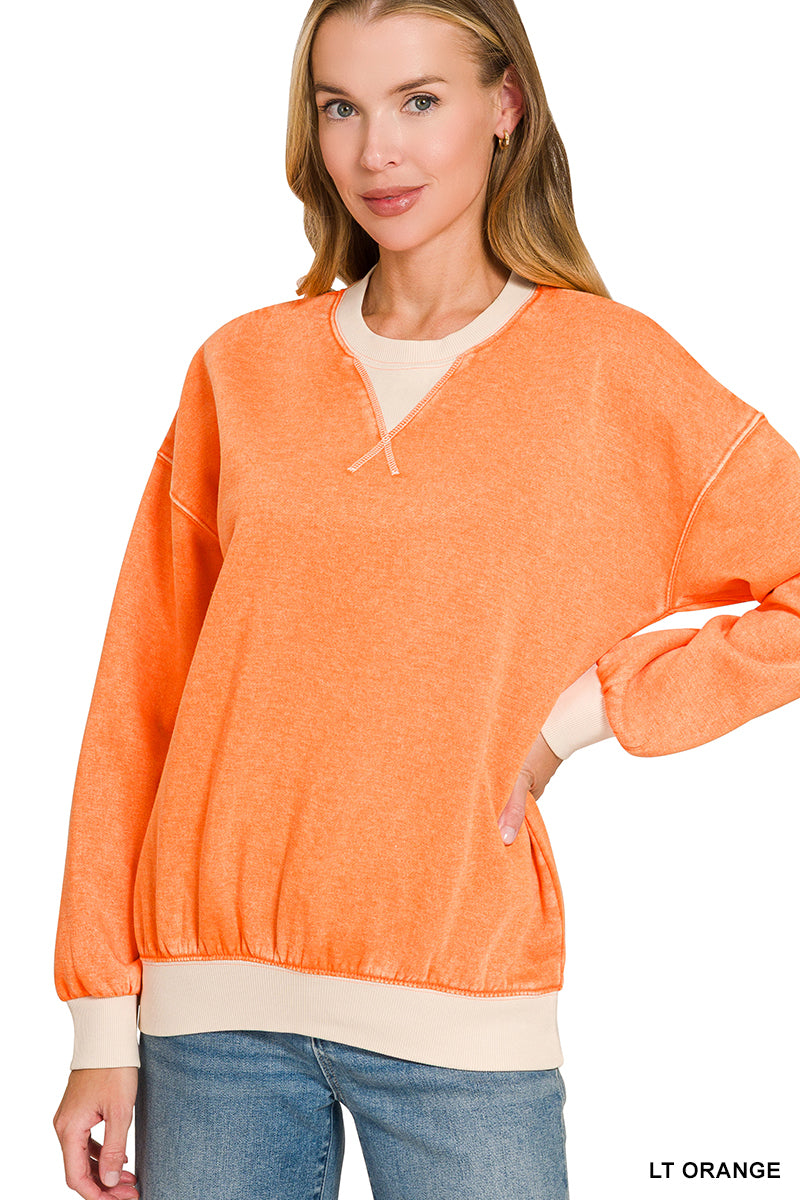 FLEECE ACID WASHED CREW NECK LONG SLEEVE SWEATSHIRTS