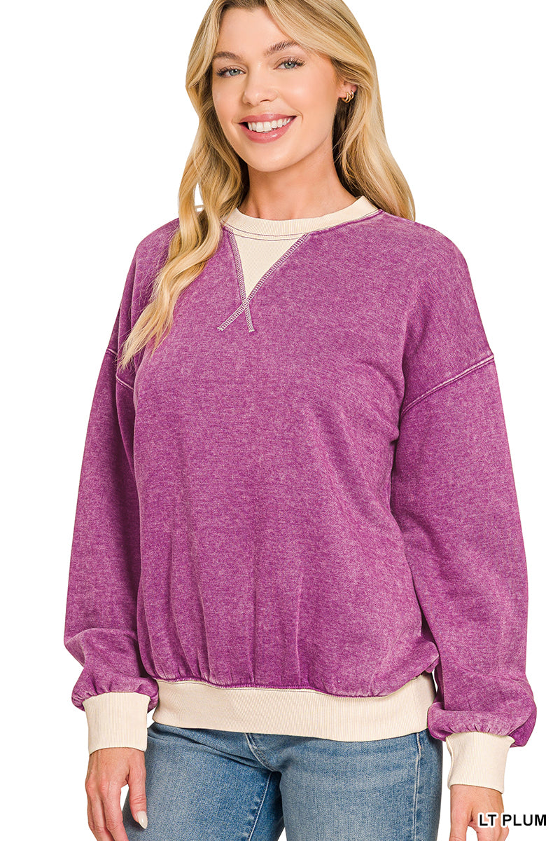 FLEECE ACID WASHED CREW NECK LONG SLEEVE SWEATSHIRTS