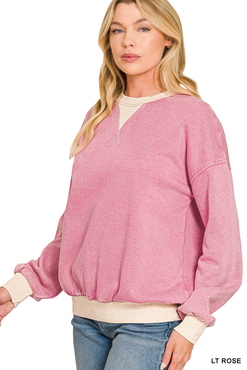 FLEECE ACID WASHED CREW NECK LONG SLEEVE SWEATSHIRTS