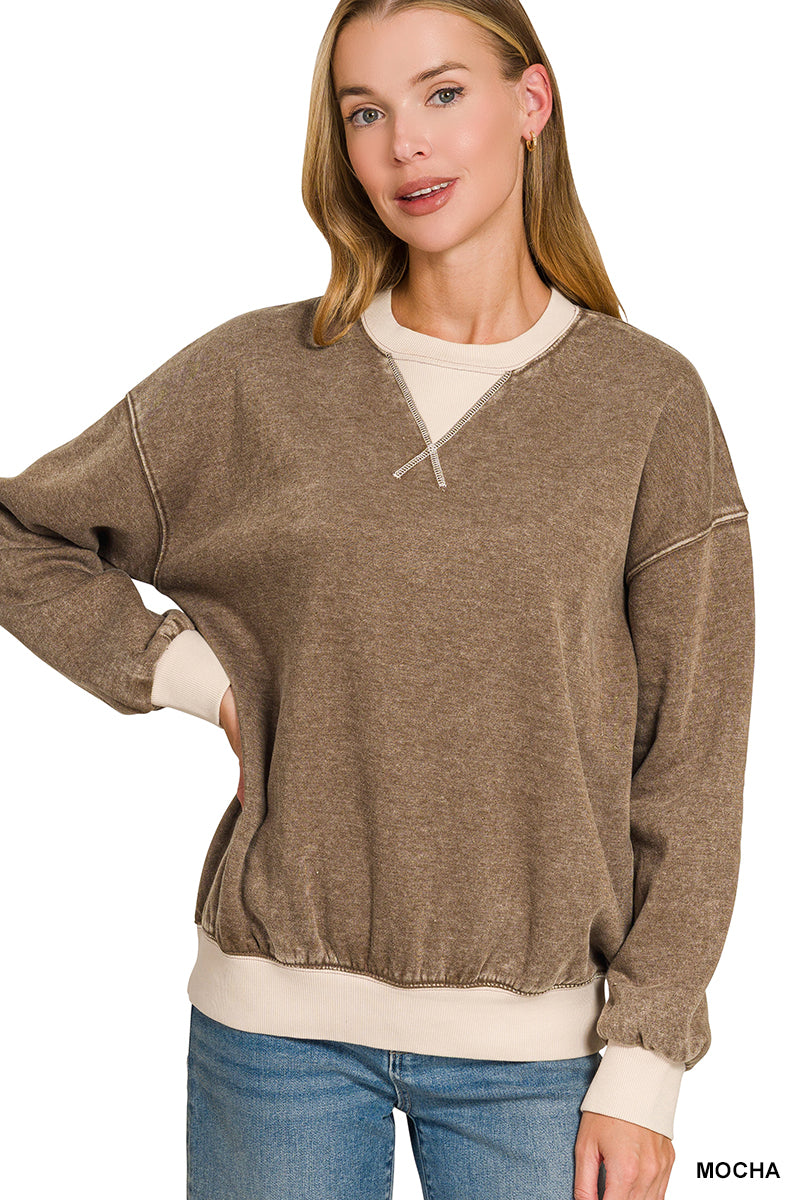 FLEECE ACID WASHED CREW NECK LONG SLEEVE SWEATSHIRTS