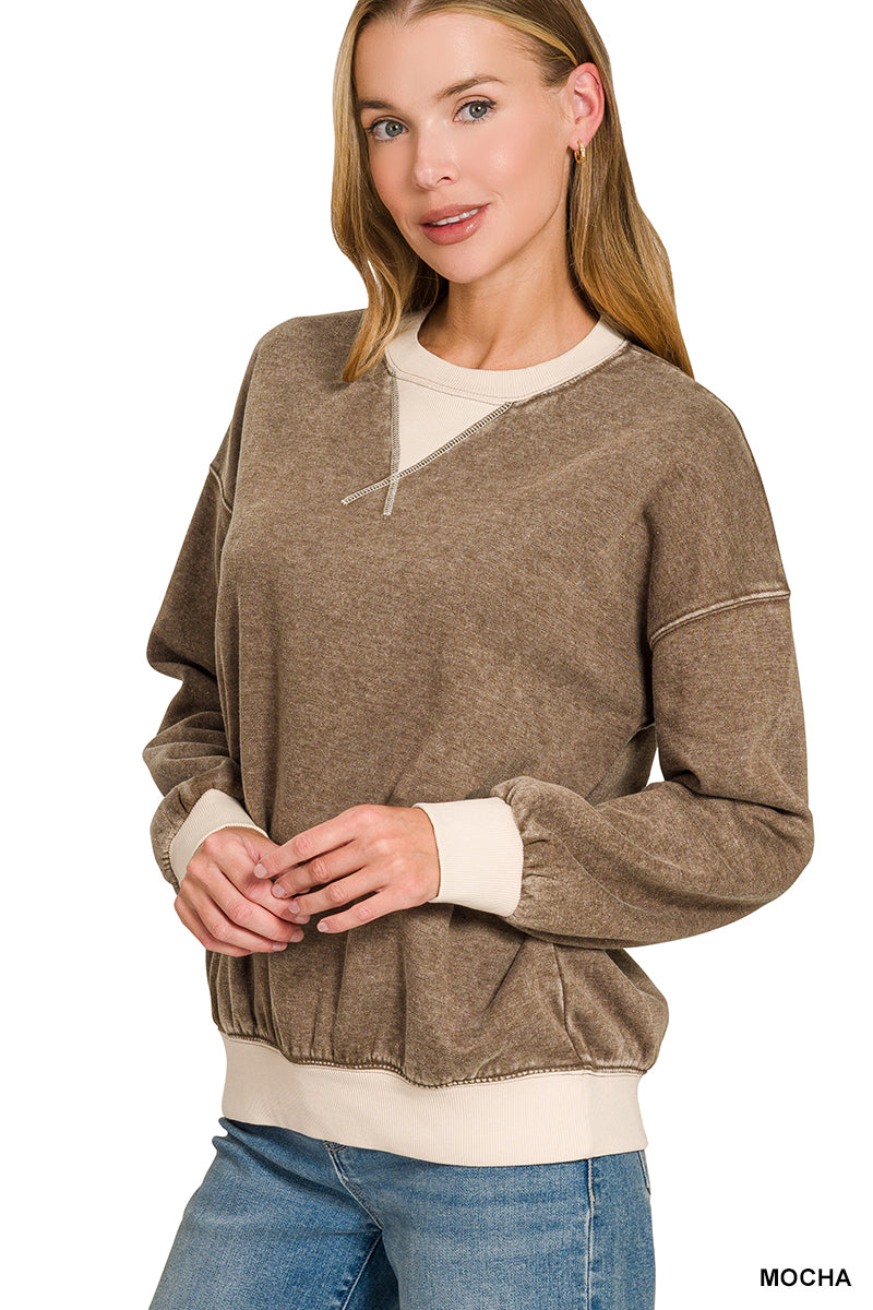 FLEECE ACID WASHED CREW NECK LONG SLEEVE SWEATSHIRTS