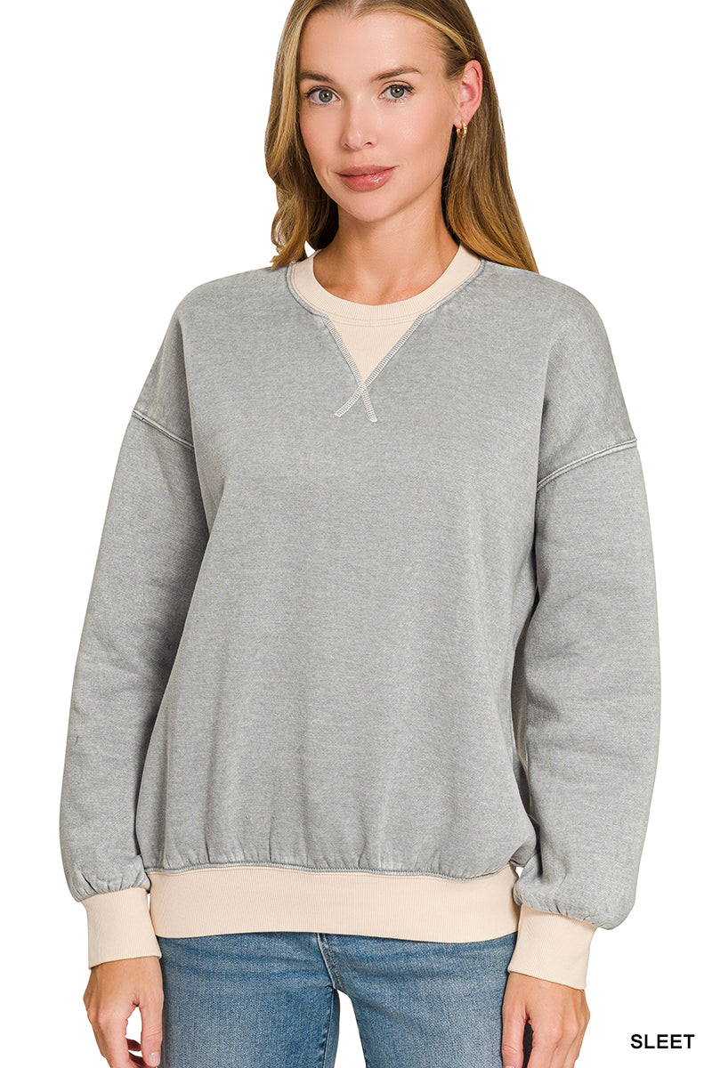 FLEECE ACID WASHED CREW NECK LONG SLEEVE SWEATSHIRTS
