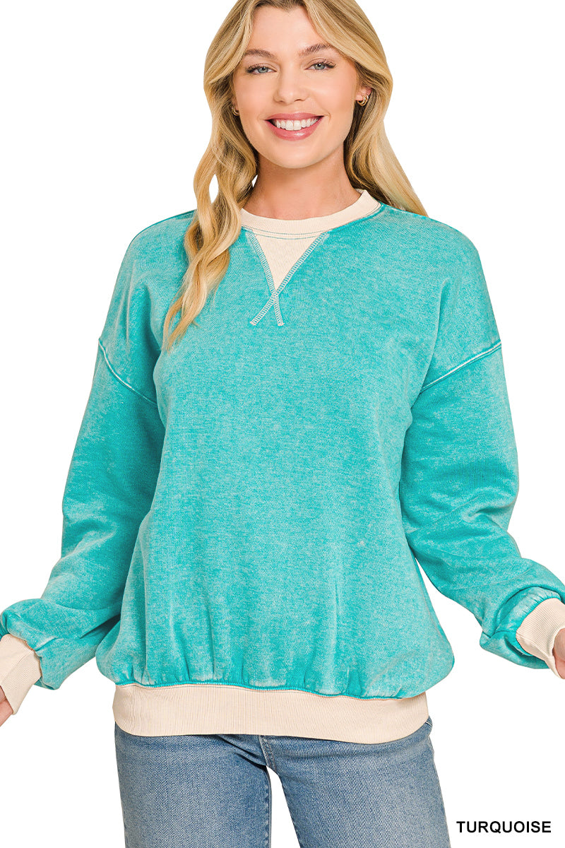 FLEECE ACID WASHED CREW NECK LONG SLEEVE SWEATSHIRTS