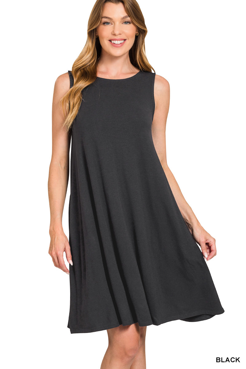 SLEEVELESS FLARED DRESS WITH SIDE POCKETS - Zenana