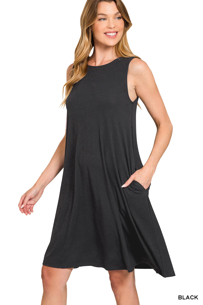 SLEEVELESS FLARED DRESS WITH SIDE POCKETS - Zenana