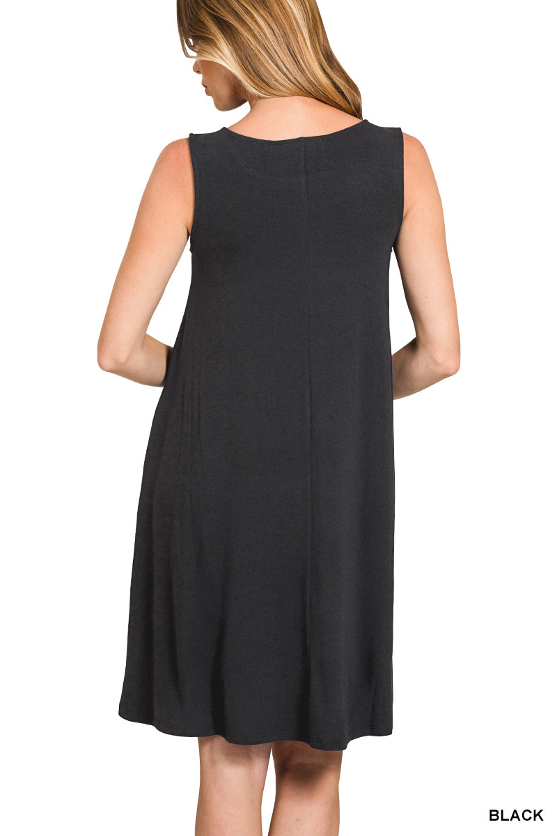 SLEEVELESS FLARED DRESS WITH SIDE POCKETS - Zenana