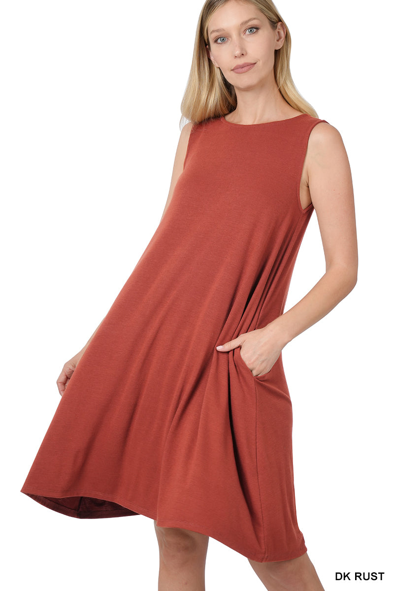 SLEEVELESS FLARED DRESS WITH SIDE POCKETS - Zenana