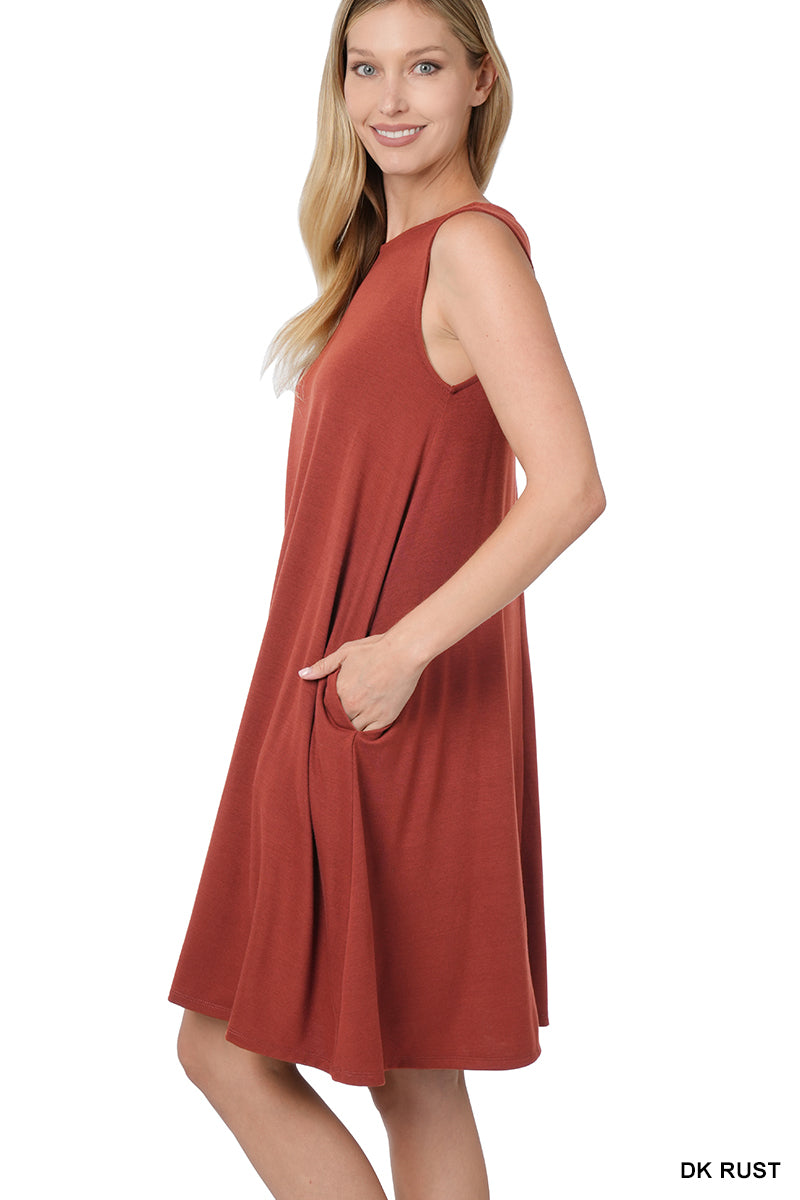 SLEEVELESS FLARED DRESS WITH SIDE POCKETS - Zenana