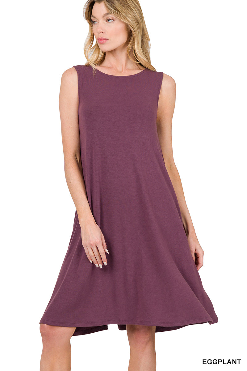 SLEEVELESS FLARED DRESS WITH SIDE POCKETS - Zenana