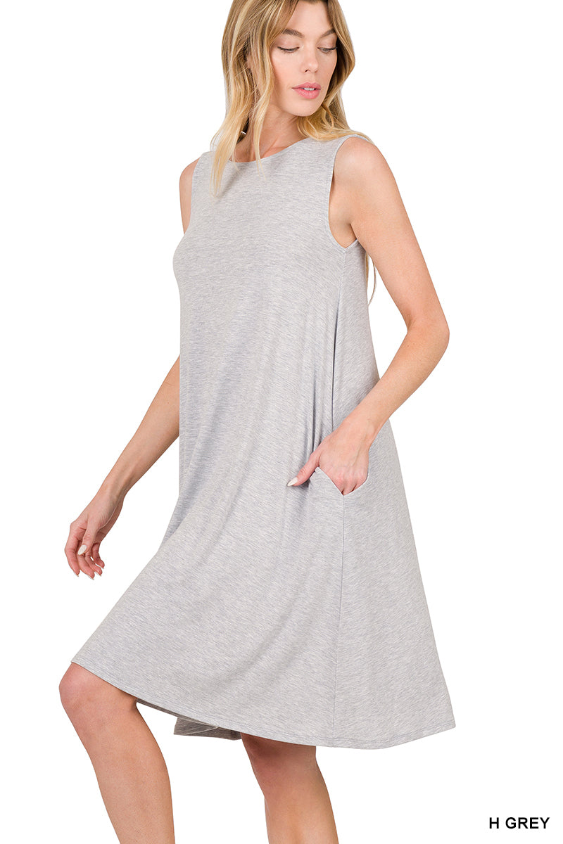 SLEEVELESS FLARED DRESS WITH SIDE POCKETS - Zenana