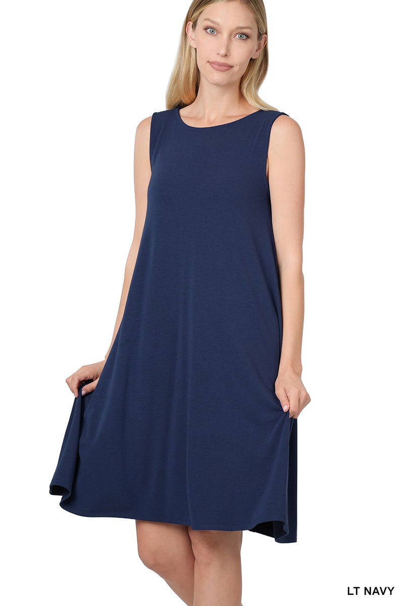 SLEEVELESS FLARED DRESS WITH SIDE POCKETS - Zenana