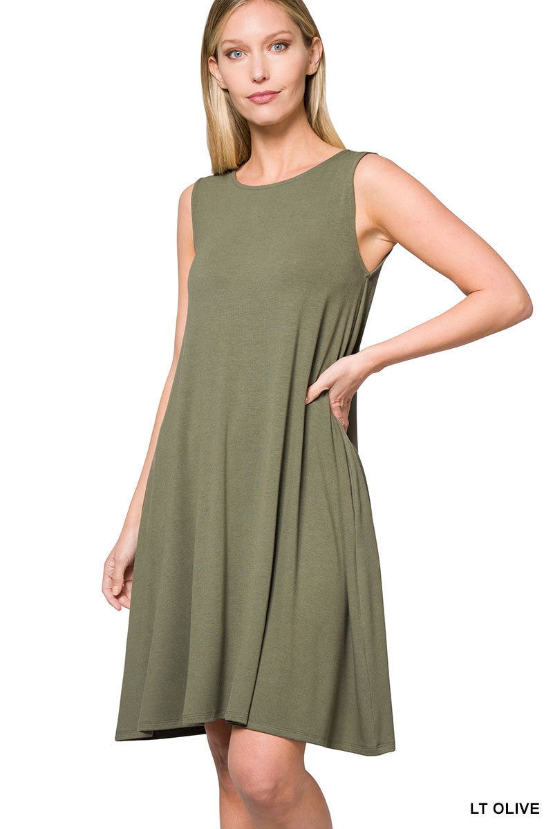 SLEEVELESS FLARED DRESS WITH SIDE POCKETS - Zenana
