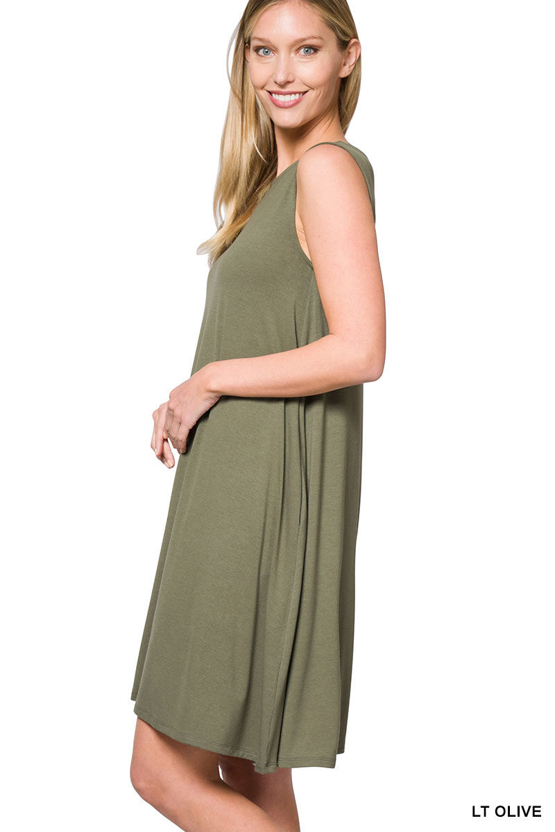 SLEEVELESS FLARED DRESS WITH SIDE POCKETS - Zenana
