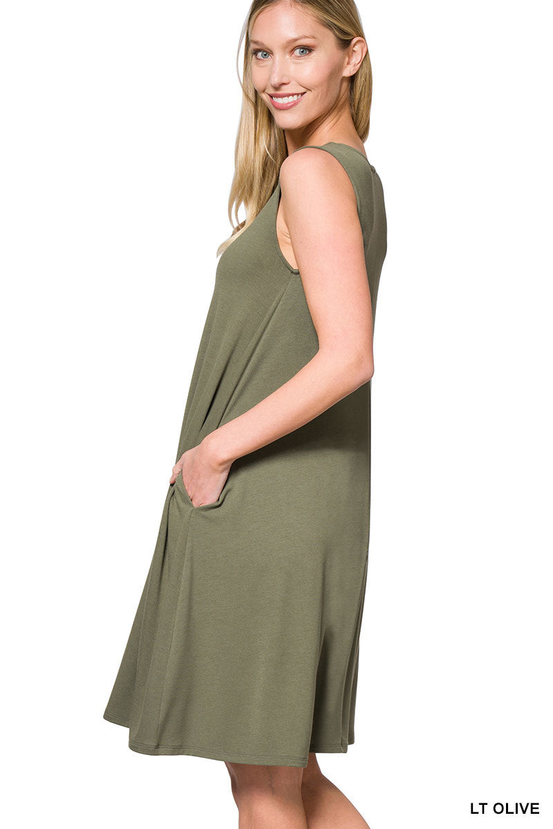SLEEVELESS FLARED DRESS WITH SIDE POCKETS - Zenana