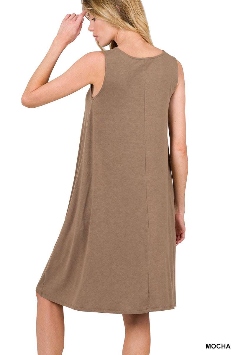 SLEEVELESS FLARED DRESS WITH SIDE POCKETS - Zenana