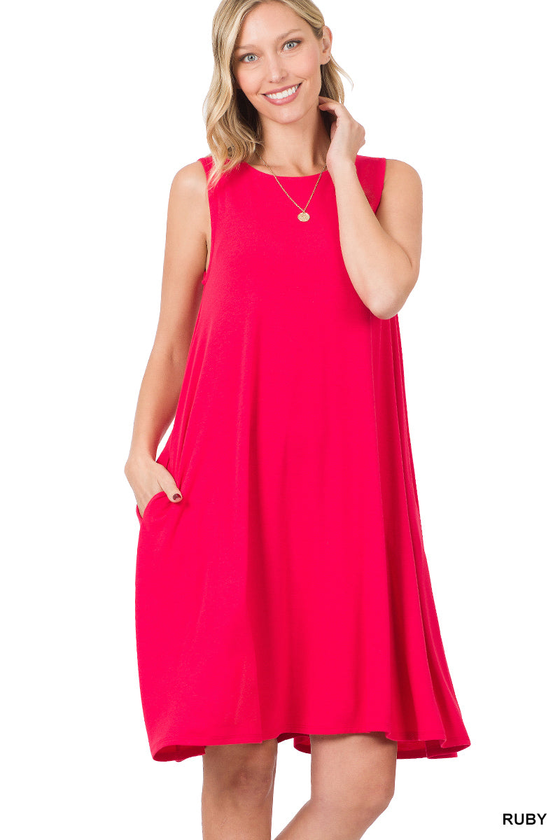 SLEEVELESS FLARED DRESS WITH SIDE POCKETS - Zenana
