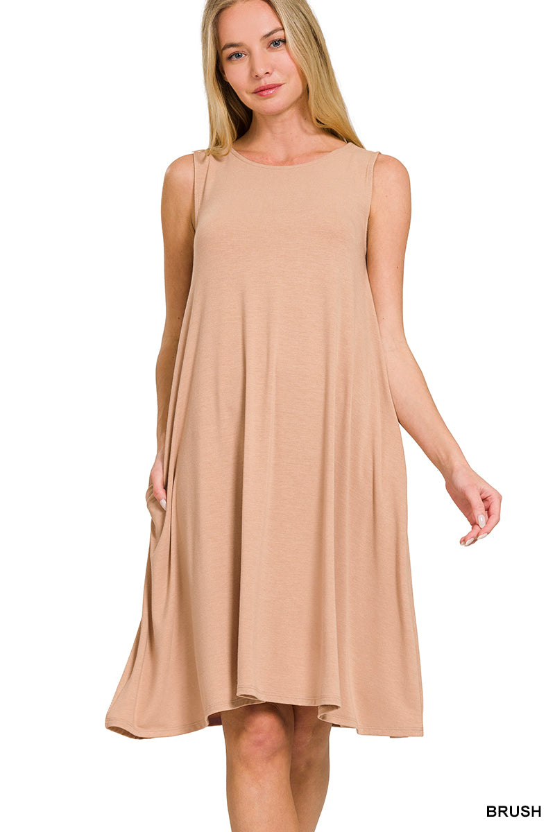 SLEEVELESS FLARED DRESS WITH SIDE POCKETS - Zenana