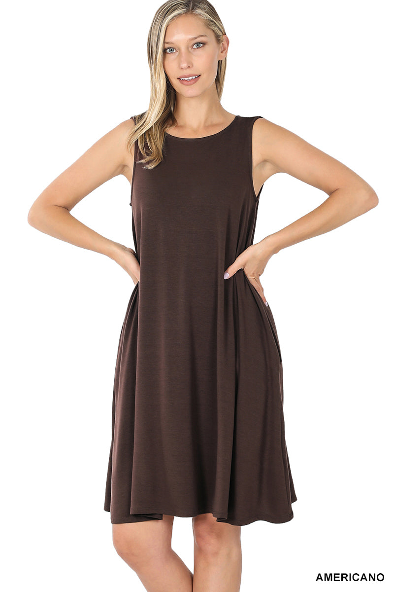 SLEEVELESS FLARED DRESS WITH SIDE POCKETS - Zenana