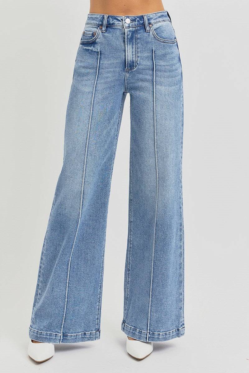 HIGH WAIST WIDE LEG PINTUCK DETAILED JEANS - RISEN