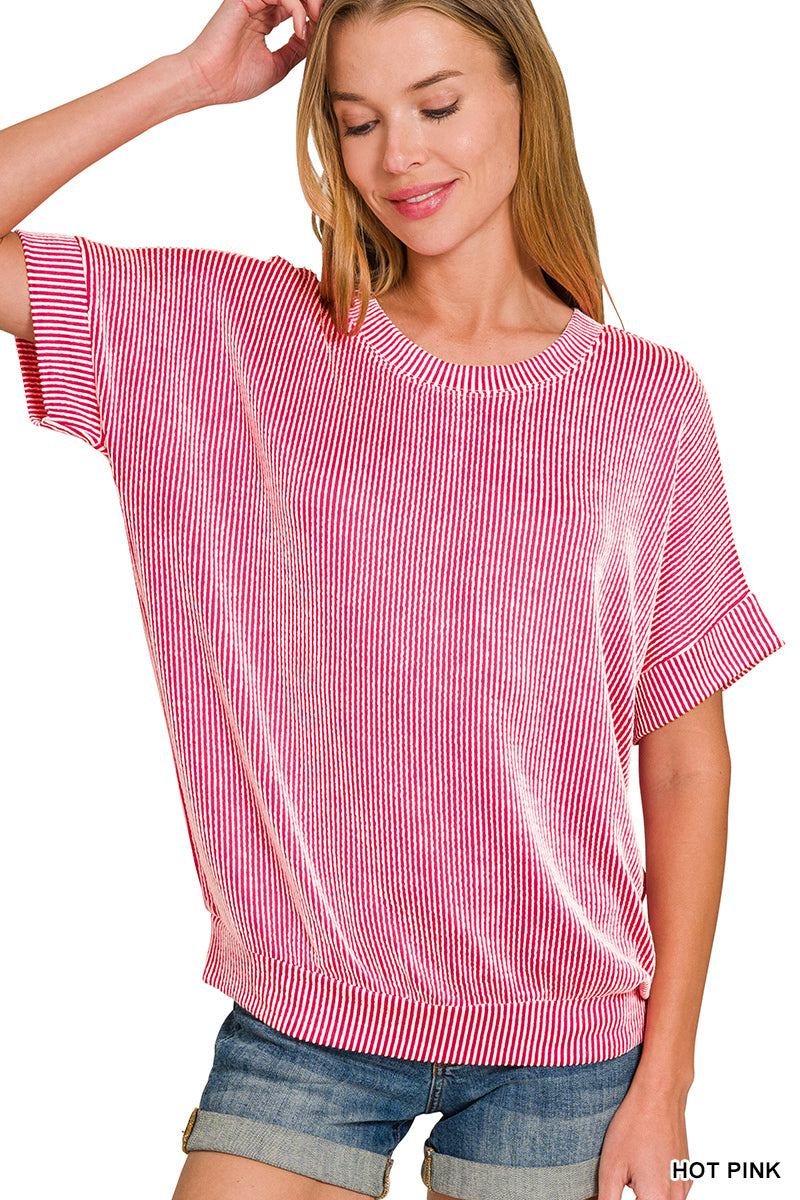 CORDED RIB SHORT SLEEVE TOP - Zenana