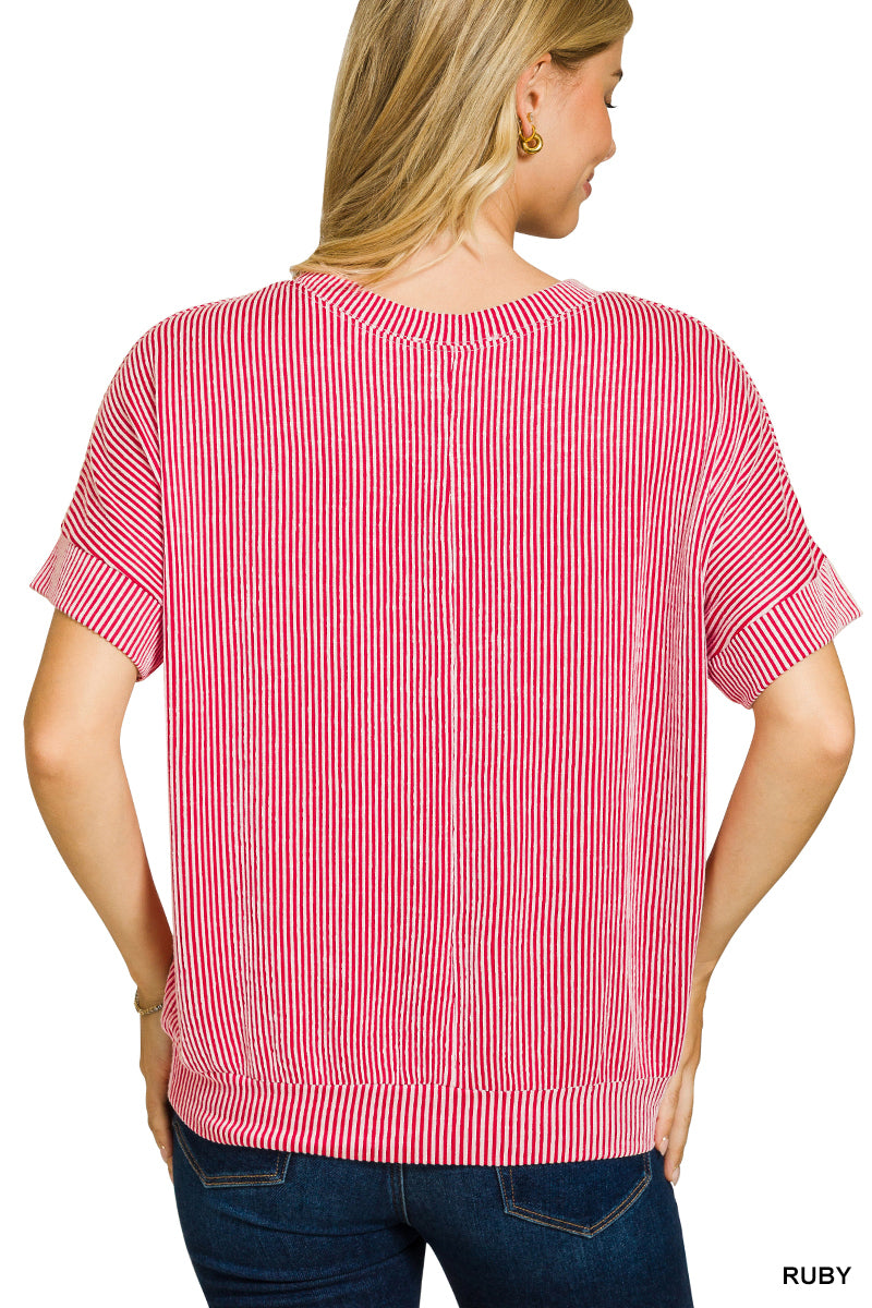 CORDED RIB SHORT SLEEVE TOP - Zenana