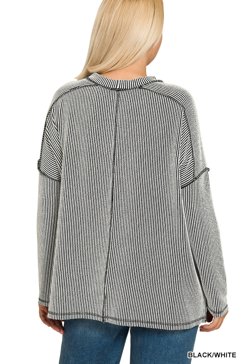 Plus raised rib raw edge boat neck long sleeve top