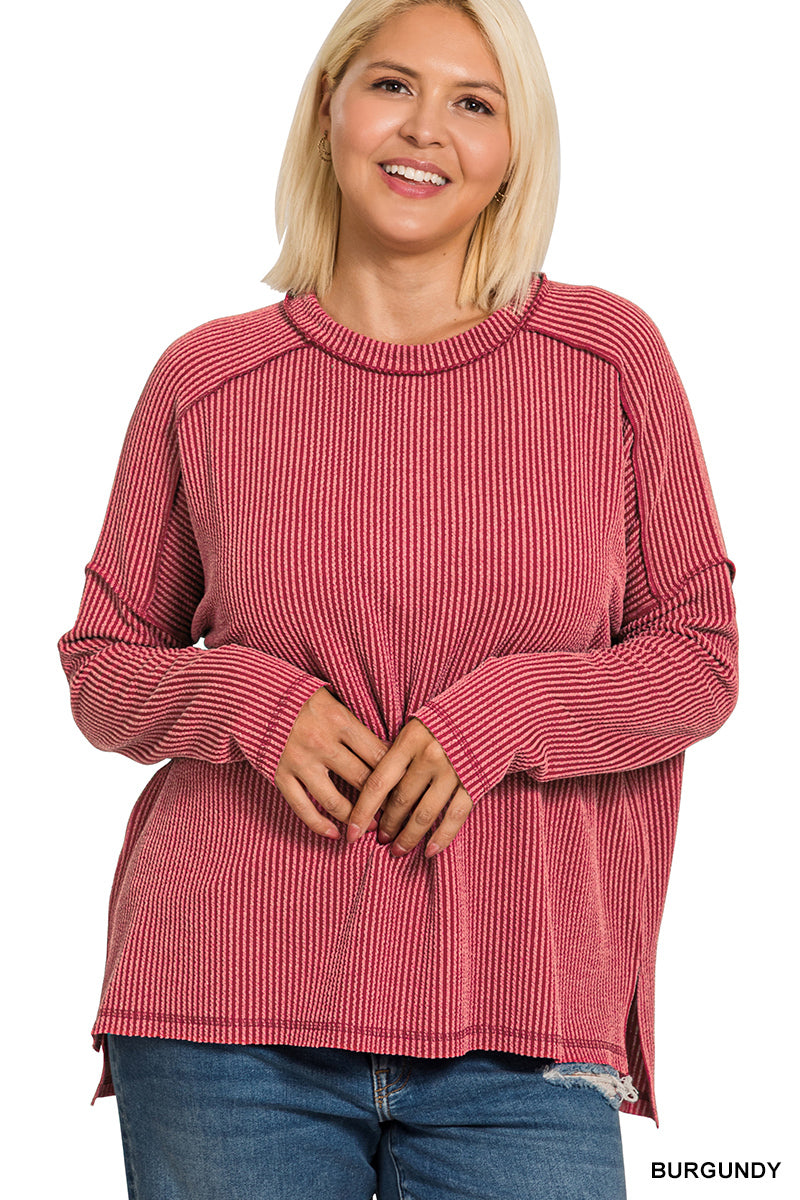 Plus raised rib raw edge boat neck long sleeve top