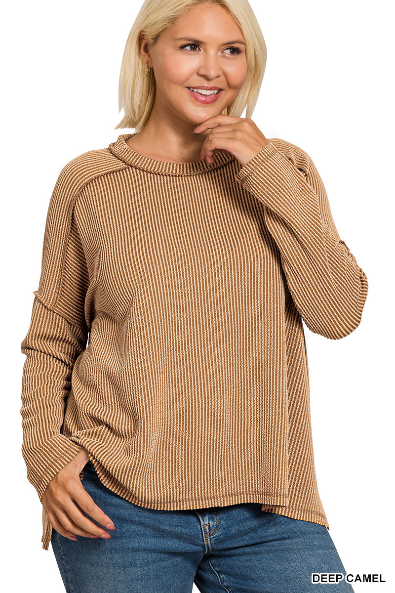 Plus raised rib raw edge boat neck long sleeve top
