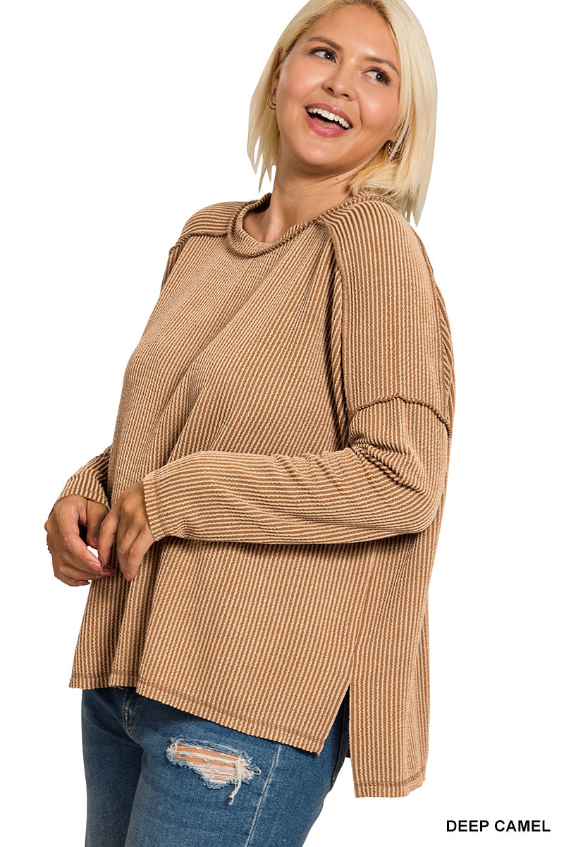 Plus raised rib raw edge boat neck long sleeve top