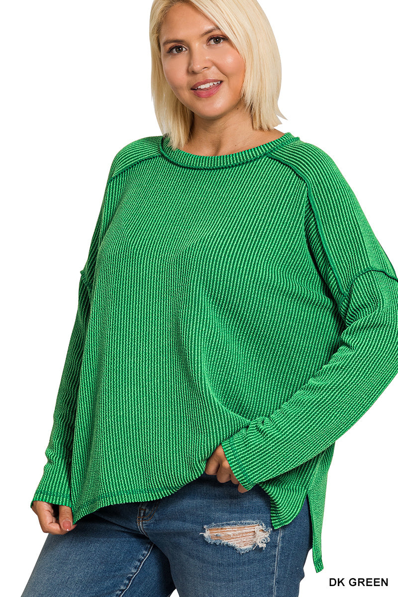 Plus raised rib raw edge boat neck long sleeve top