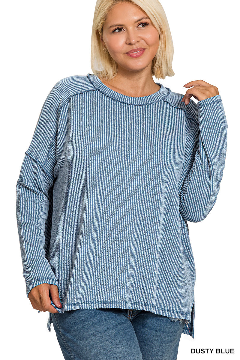 Plus raised rib raw edge boat neck long sleeve top