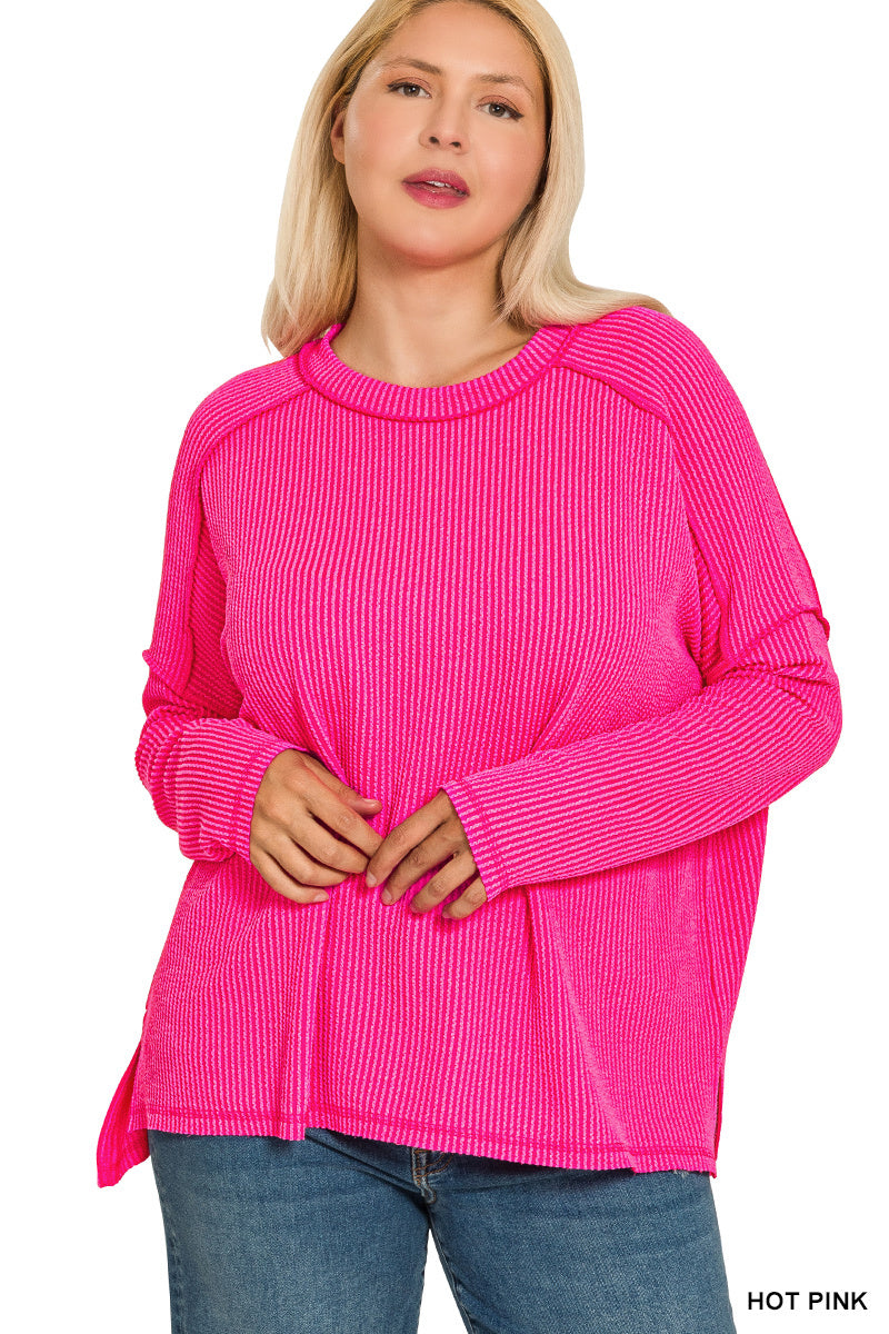 Plus raised rib raw edge boat neck long sleeve top