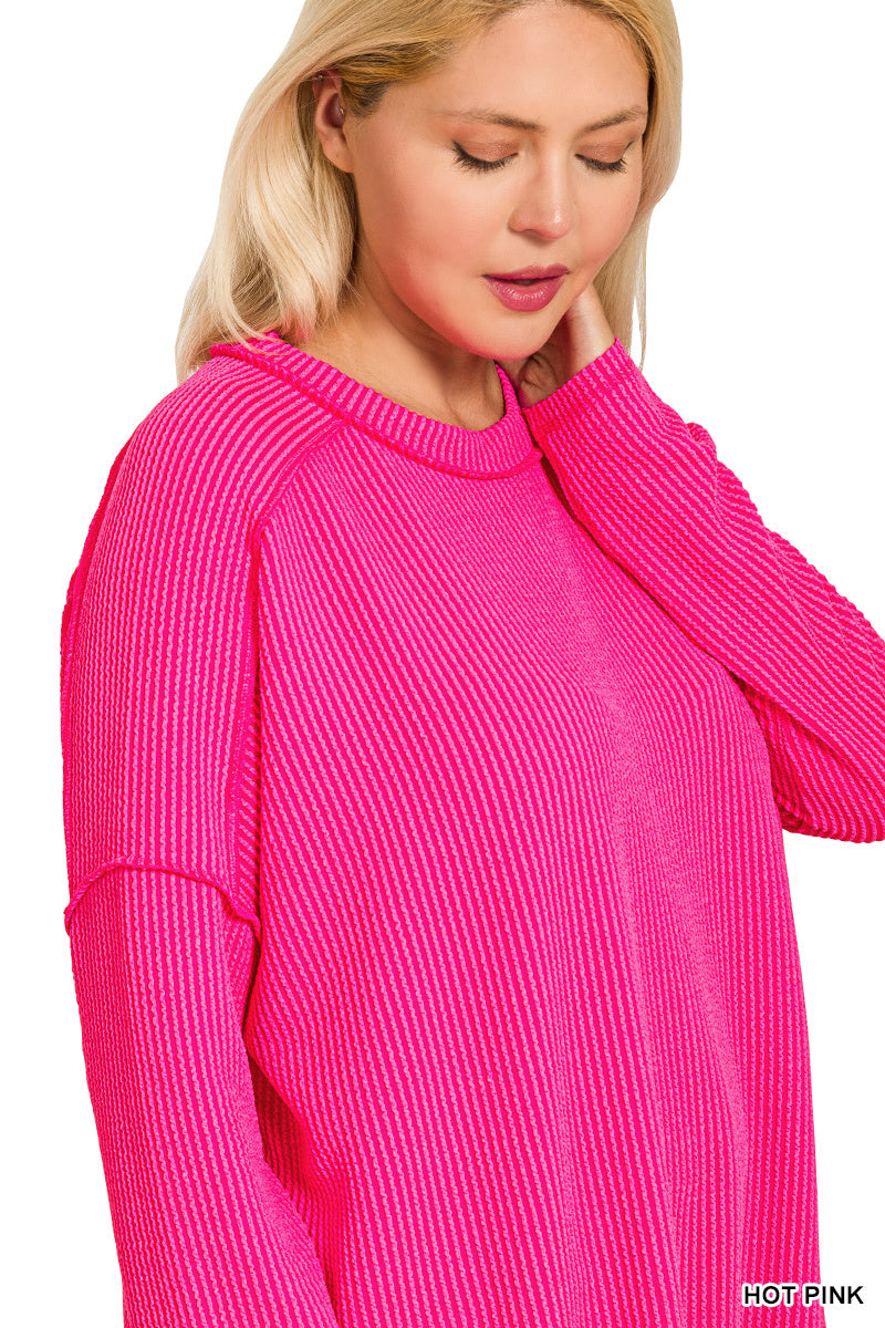 Plus raised rib raw edge boat neck long sleeve top