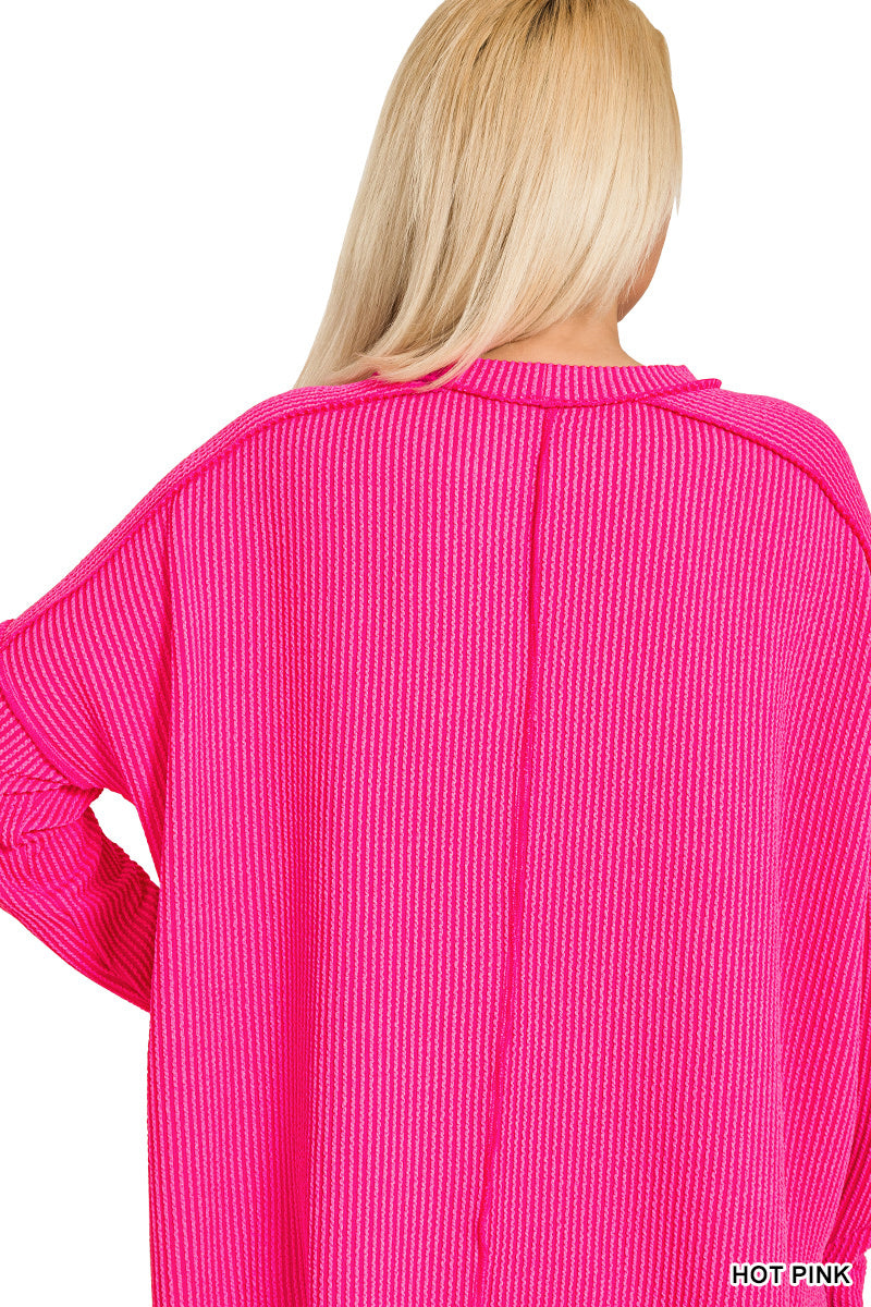 Plus raised rib raw edge boat neck long sleeve top