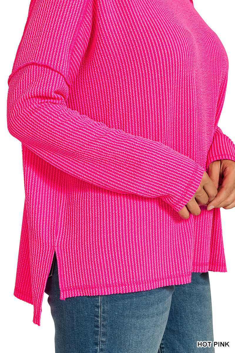 Plus raised rib raw edge boat neck long sleeve top
