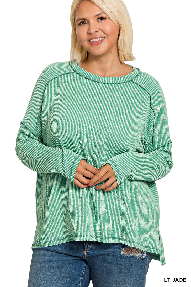 Plus raised rib raw edge boat neck long sleeve top