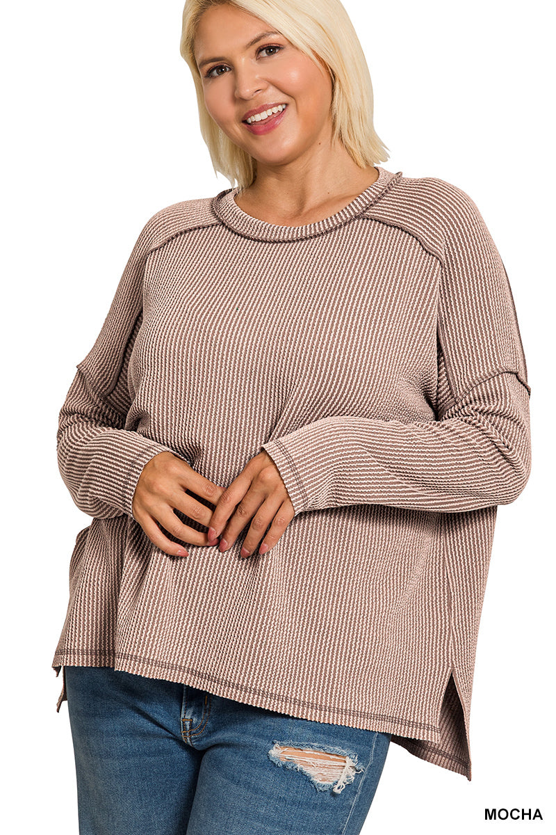 Plus raised rib raw edge boat neck long sleeve top