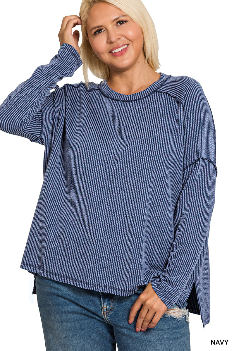 Plus raised rib raw edge boat neck long sleeve top