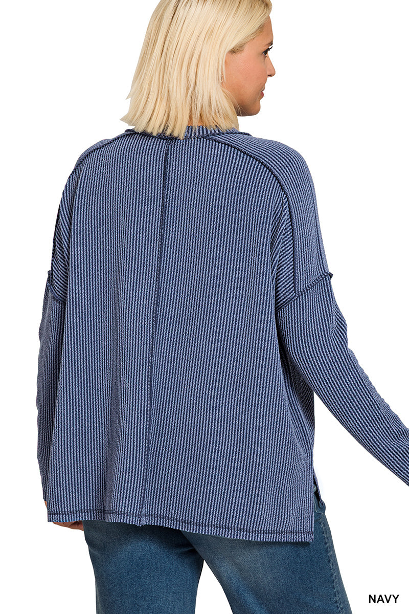 Plus raised rib raw edge boat neck long sleeve top